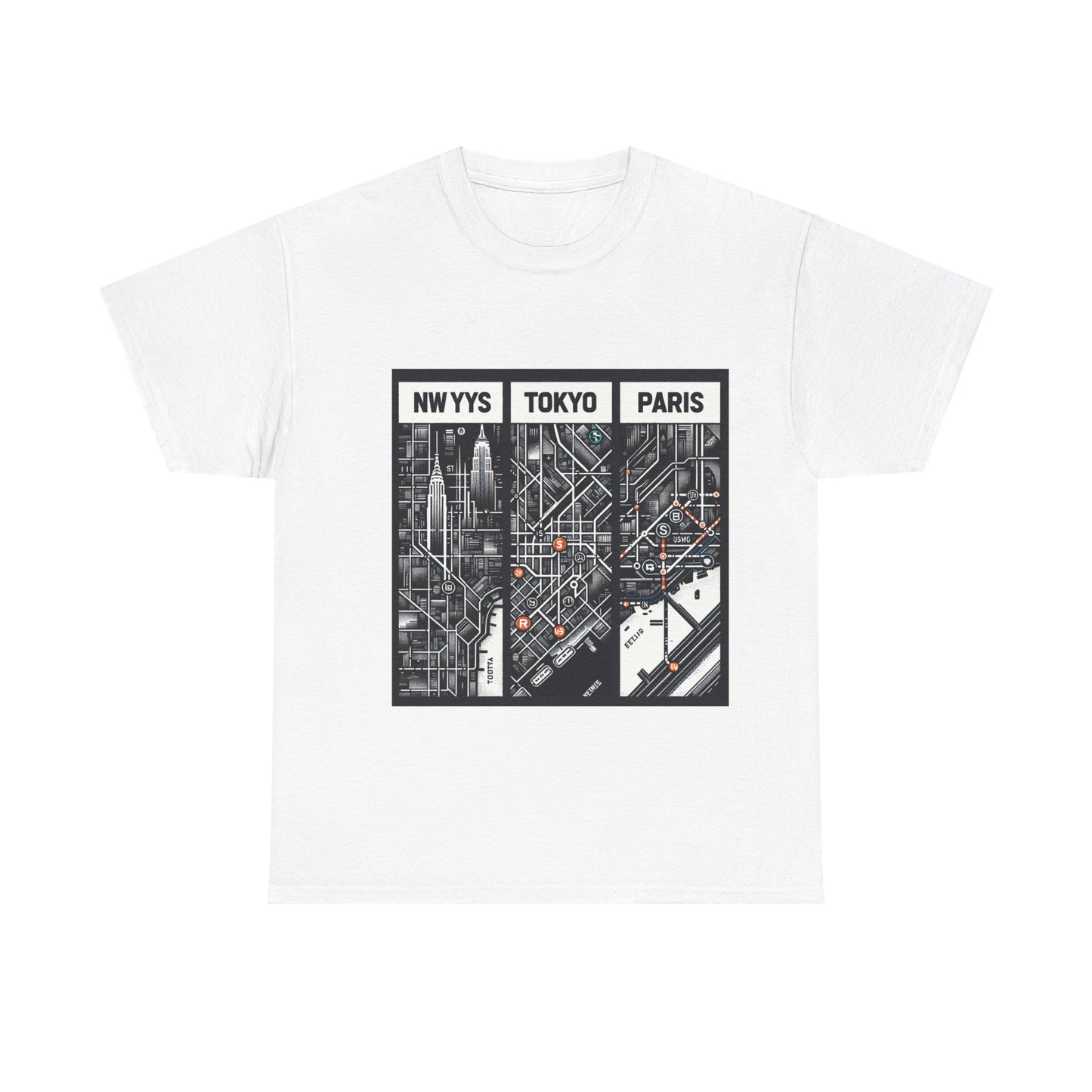 Urban City Map Tee - N.Y., Tokyo & Paris Graphic Shirt, Travel Lover Gift, Casual Wear, Streetwear, Unisex Cotton T-Shirt