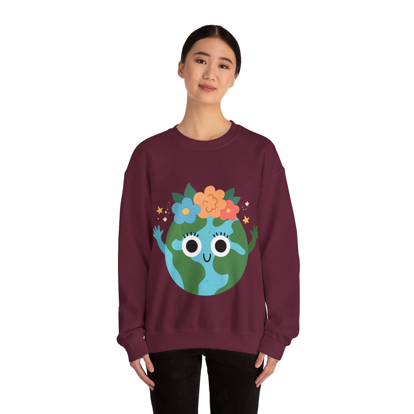 Cute Earth Floral Cartoon Crewneck Sweatshirt