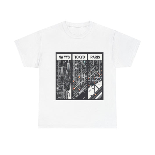 Urban City Map Tee - N.Y., Tokyo & Paris Graphic Shirt, Travel Lover Gift, Casual Wear, Streetwear, Unisex Cotton T-Shirt